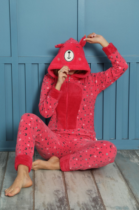 Pijama dama intreaga, tip salopeta kigurumi, pufoasa, inchidere fermoar fata-spate si gluga [2]