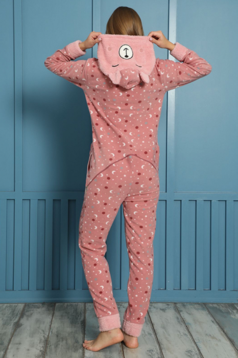 Pijama dama intreaga, tip salopeta kigurumi, pufoasa, inchidere fermoar fata-spate si gluga [5]