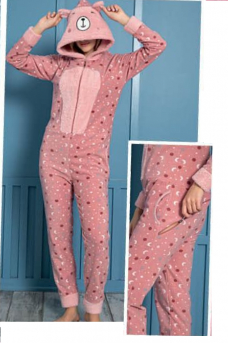 Pijama dama intreaga, tip salopeta kigurumi, pufoasa, inchidere fermoar fata-spate si gluga [6]
