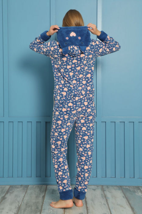 Pijama dama intreaga, tip salopeta kigurumi, pufoasa, inchidere fermoar fata-spate si gluga [2]