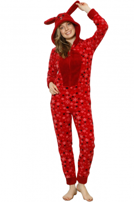 Pijama dama intreaga, tip salopeta kigurumi, pufoasa, inchidere fermoar fata-spate si gluga, fulgi de nea, rosu [4]