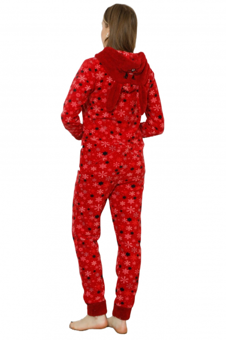 Pijama dama intreaga, tip salopeta kigurumi, pufoasa, inchidere fermoar fata-spate si gluga, fulgi de nea, rosu [5]