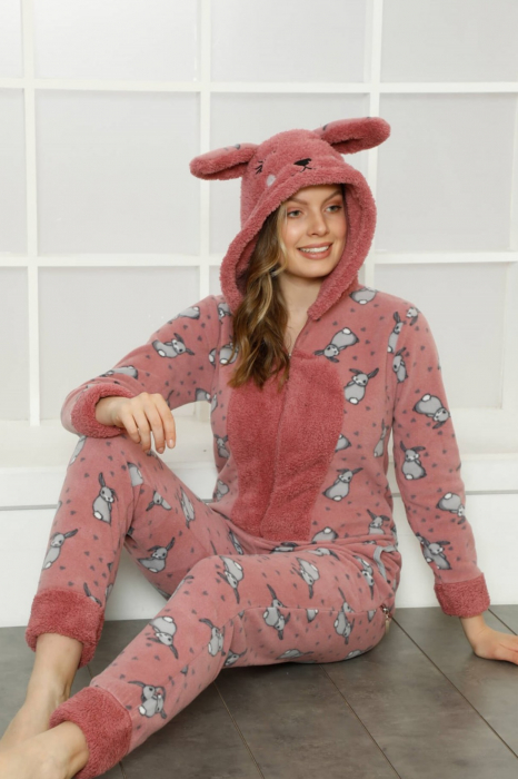 Pijama dama intreaga, tip salopeta kigurumi, pufoasa, inchidere fermoar fata-spate si gluga, iepurasi, corai [3]