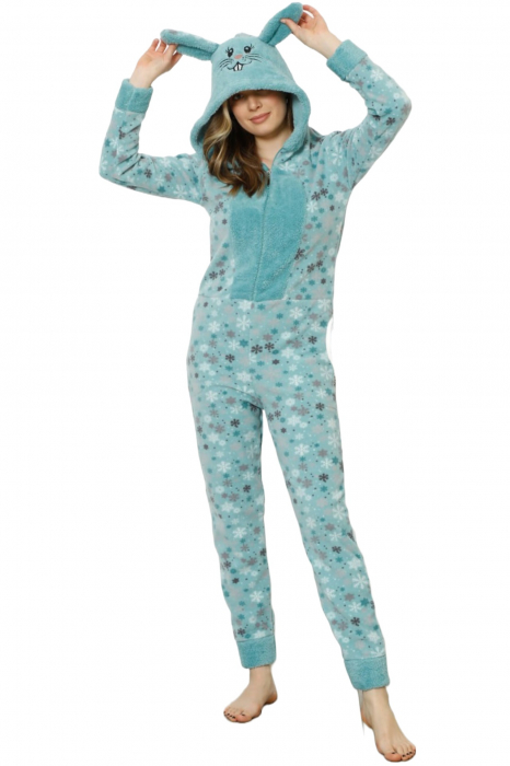 Pijama dama intreaga, tip salopeta kigurumi, pufoasa, inchidere fermoar fata-spate si gluga, fulgi de nea, albastru [4]