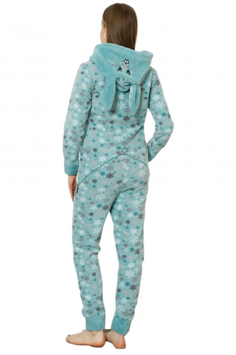 Pijama dama intreaga, tip salopeta kigurumi, pufoasa, inchidere fermoar fata-spate si gluga, fulgi de nea, albastru [5]