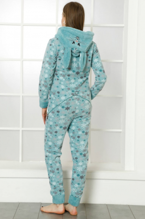 Pijama dama intreaga, tip salopeta kigurumi, pufoasa, inchidere fermoar fata-spate si gluga, fulgi de nea, albastru [2]