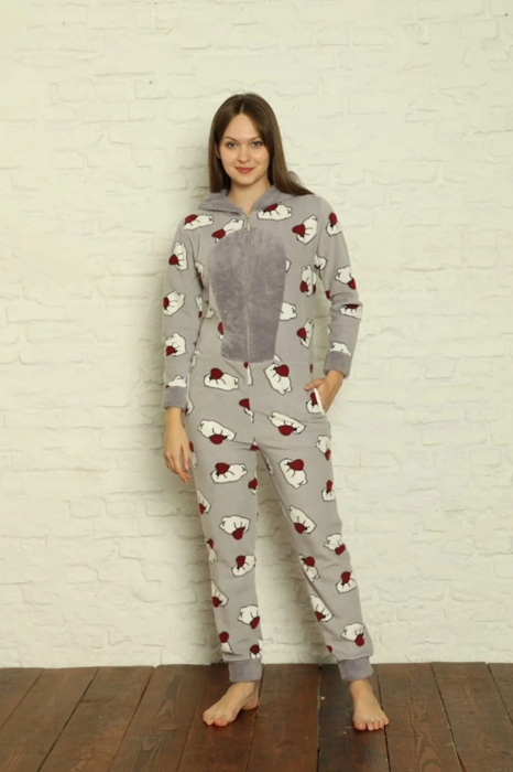 Pijama dama intreaga, tip salopeta kigurumi, pufoasa, inchidere fermoar fata-spate si gluga, gri, embody.ro [4]
