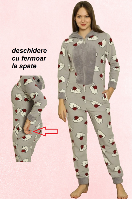 Pijama dama intreaga, tip salopeta kigurumi, pufoasa, inchidere fermoar fata-spate si gluga, gri, embody.ro [2]