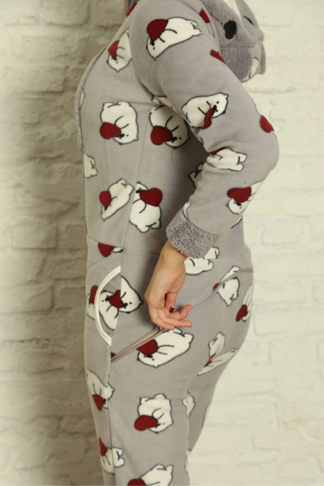 Pijama dama intreaga, tip salopeta kigurumi, pufoasa, inchidere fermoar fata-spate si gluga, gri, embody.ro [3]