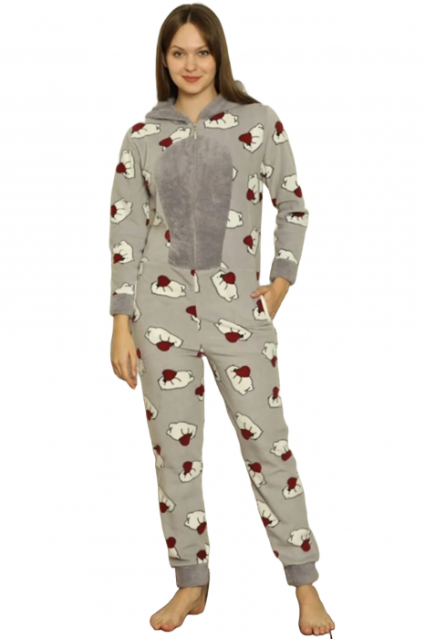 Pijama dama intreaga, tip salopeta kigurumi, pufoasa, inchidere fermoar fata-spate si gluga, gri, embody.ro [5]