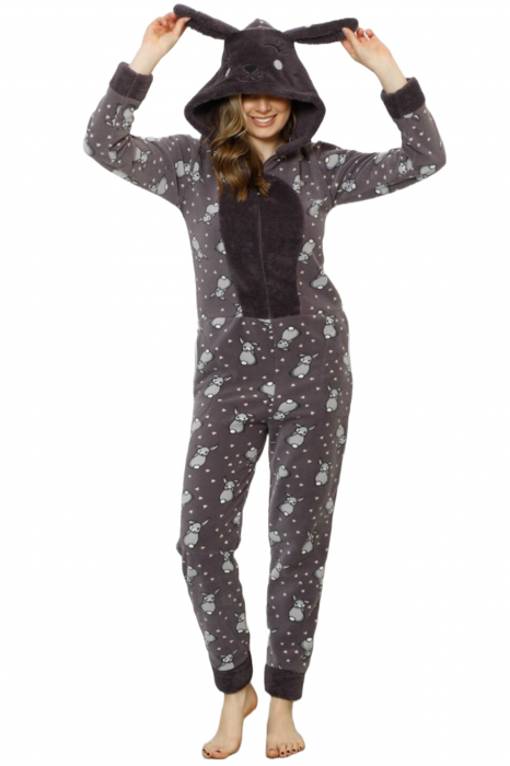 Pijama dama intreaga, tip salopeta kigurumi, pufoasa, inchidere fermoar fata-spate si gluga, iepurasi, maro [4]