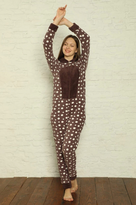 Pijama dama intreaga, tip salopeta kigurumi, pufoasa, inchidere fermoar fata-spate si gluga, maro, embody.ro [5]