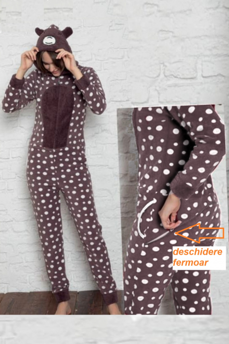 Pijama dama intreaga, tip salopeta kigurumi, pufoasa, inchidere fermoar fata-spate si gluga, maro, embody.ro [2]
