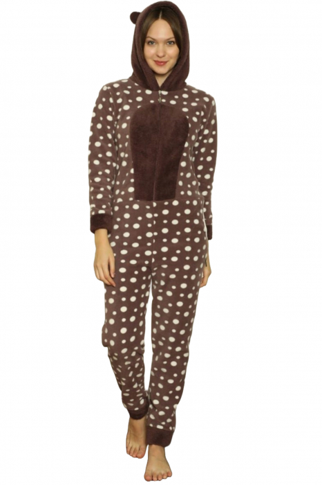 Pijama dama intreaga, tip salopeta kigurumi, pufoasa, inchidere fermoar fata-spate si gluga, maro, embody.ro [6]
