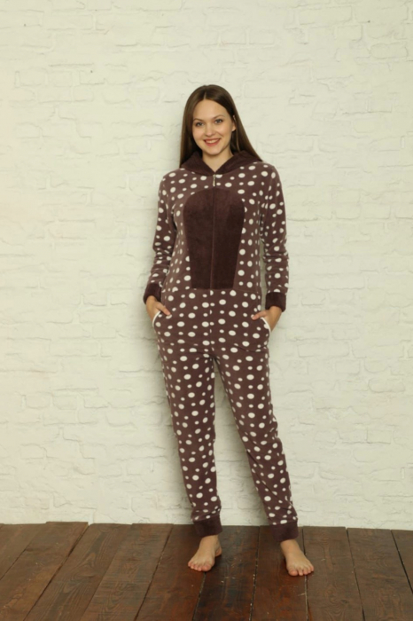 Pijama dama intreaga, tip salopeta kigurumi, pufoasa, inchidere fermoar fata-spate si gluga, maro, embody.ro [4]