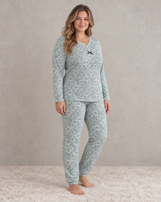 Pijama Dama Marime Mare din Bumbac, Maneca Lunga si Pantaloni Lungi, Model Floral Verde Menta [4]