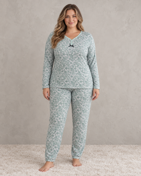 Pijama Dama Marime Mare din Bumbac, Maneca Lunga si Pantaloni Lungi, Model Floral Verde Menta [5]