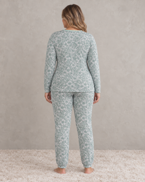 Pijama Dama Marime Mare din Bumbac, Maneca Lunga si Pantaloni Lungi, Model Floral Verde Menta [2]
