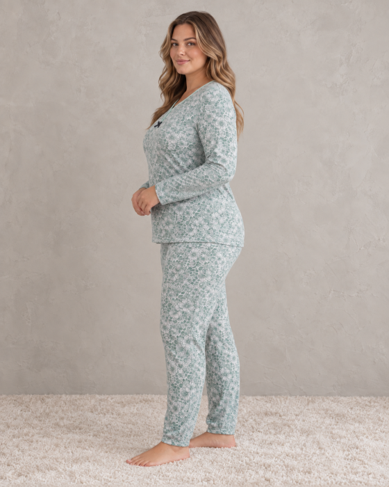Pijama Dama Marime Mare din Bumbac, Maneca Lunga si Pantaloni Lungi, Model Floral Verde Menta [3]