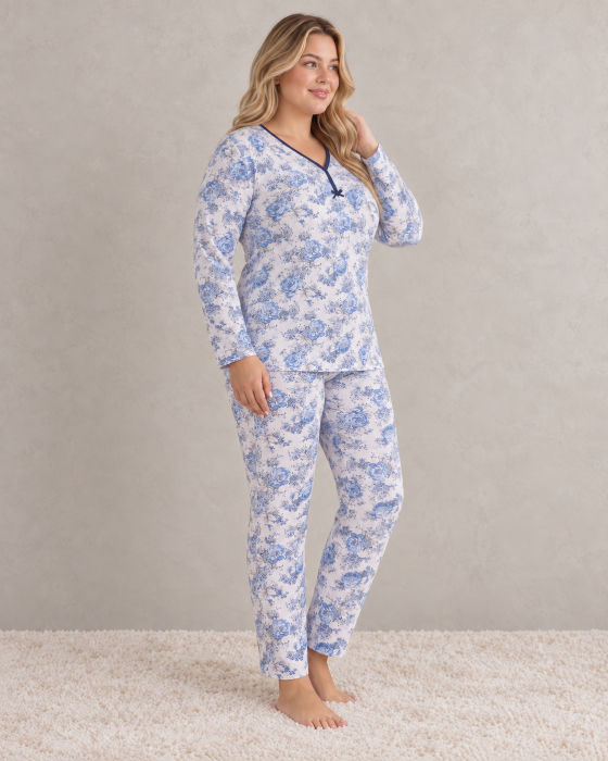 Pijama dama bumbac marime mare cu imprimeu floral albastru, maneca lunga si pantaloni lungi [4]