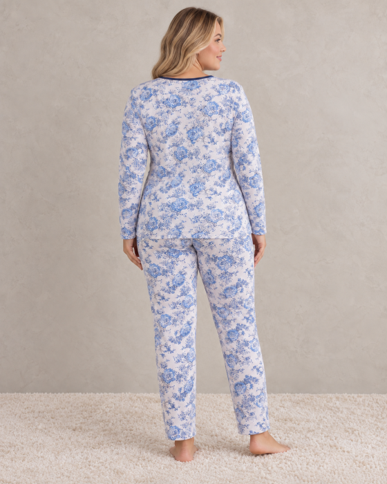 Pijama dama bumbac marime mare cu imprimeu floral albastru, maneca lunga si pantaloni lungi [2]