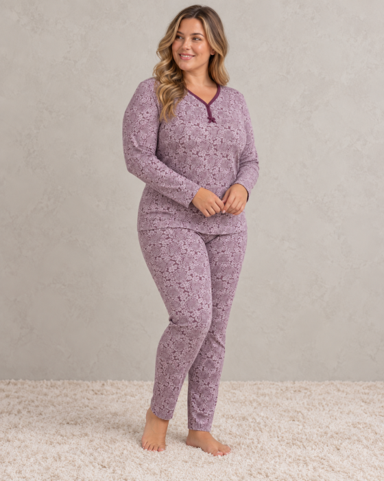 Pijama Dama Marime Mare din Bumbac, Maneca Lunga si Pantalon Lung, Model Floral Mov [2]