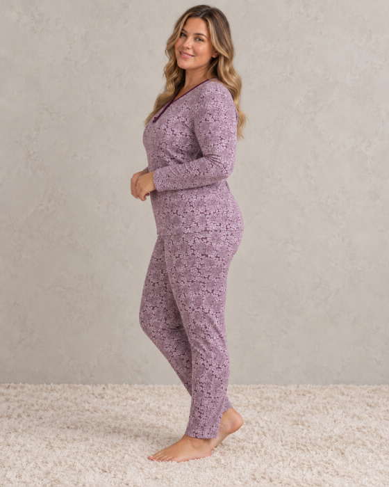 Pijama Dama Marime Mare din Bumbac, Maneca Lunga si Pantalon Lung, Model Floral Mov [3]