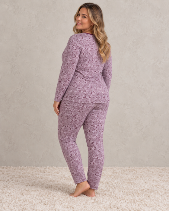 Pijama Dama Marime Mare din Bumbac, Maneca Lunga si Pantalon Lung, Model Floral Mov [4]