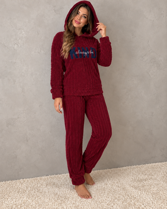 Pijama Dama Cocolino Pufoasa si Calduroasa cu Gluga, 2 Piese, Visiniu Bordo 7027 [4]