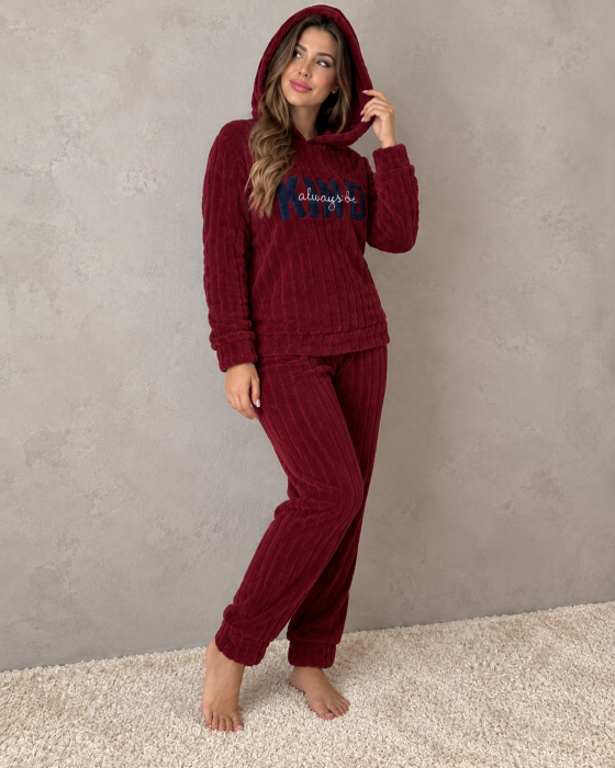 Pijama Dama Cocolino Pufoasa si Calduroasa cu Gluga, 2 Piese, Visiniu Bordo 7027 [2]
