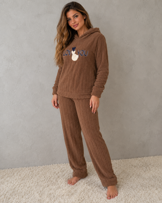 Pijama Dama Polar Pufoasa Cocolino cu Gluga, Maro, 2 Piese - Love You 7040 [4]