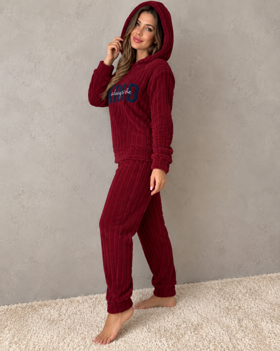 Pijama Dama Cocolino Pufoasa si Calduroasa cu Gluga, 2 Piese, Visiniu Bordo 7027 [3]