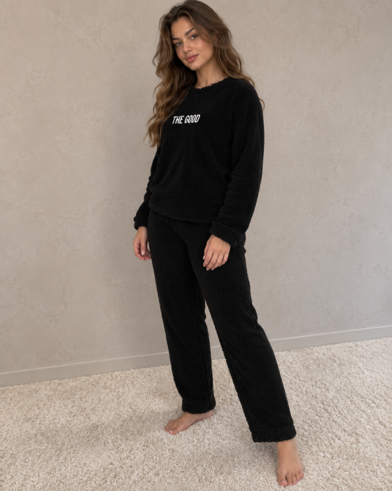 Pijama dama pufoasa cocolino neagra The Good, bluza cu maneca lunga si pantaloni lungi [4]