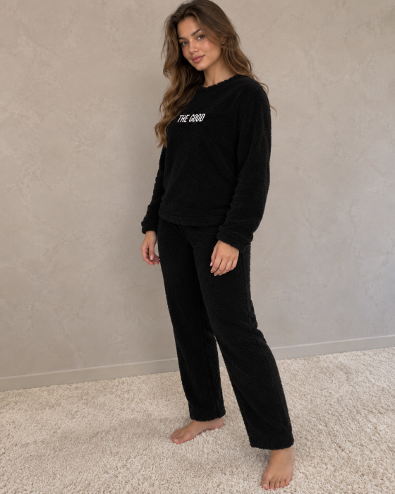 Pijama dama pufoasa cocolino neagra The Good, bluza cu maneca lunga si pantaloni lungi [2]