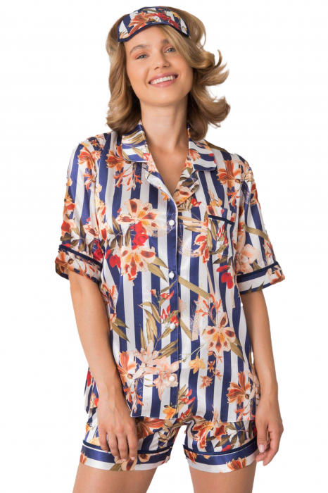 Pijama dama satin, maneci si panatloni scurti, multicolor imprimeu floral [4]