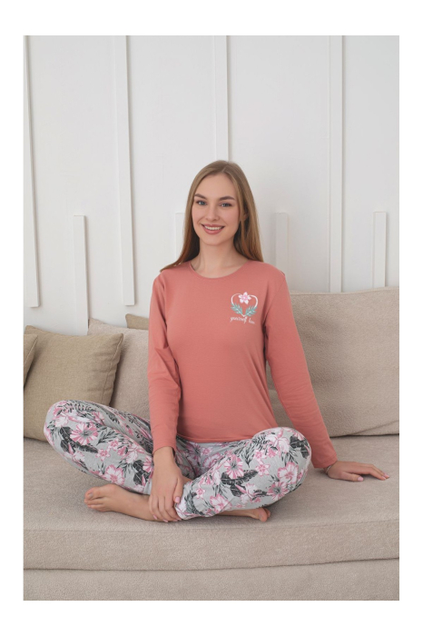 Pijama bumbac de Dama Confortabila, Set cu Bluza si Pantaloni lungi, corai 1021 [2]