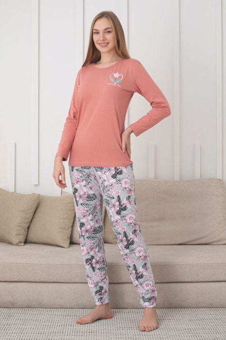 Pijama bumbac de Dama Confortabila, Set cu Bluza si Pantaloni lungi, corai 1021 [1]
