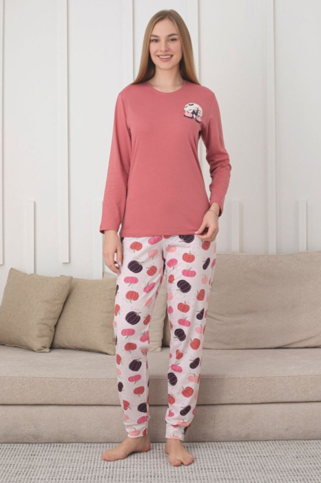 Pijama bumbac de Dama Confortabila, Set cu Bluza si Pantaloni lungi, corai 1025 [1]