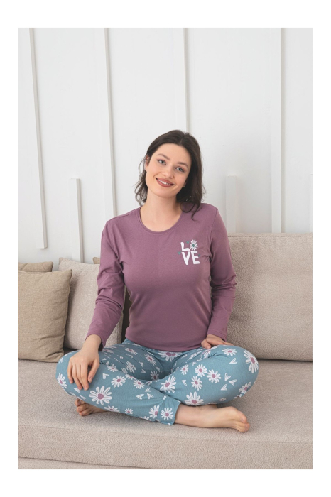 Pijama de bumbac Dama Confortabila, Set cu Bluza si Pantaloni lungi, verde/mov1007 [2]