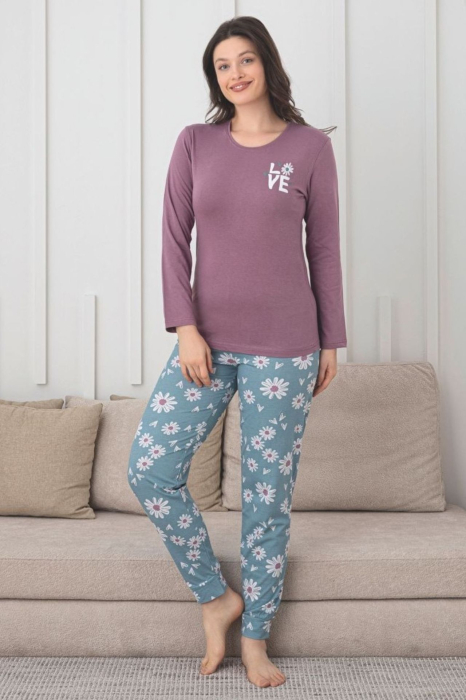 Pijama de bumbac Dama Confortabila, Set cu Bluza si Pantaloni lungi, verde/mov1007 [1]