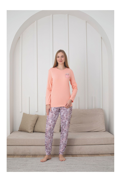 Pijama bumbac de Dama Confortabila, Set cu Bluza si Pantaloni lungi, corai 1018 [3]