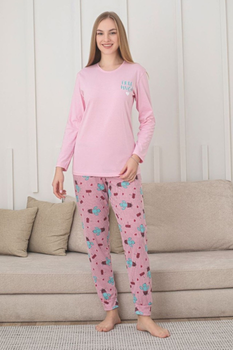 Pijama bumbac de Dama Confortabila, Set cu Bluza si Pantaloni lungi, roz 1016 [1]
