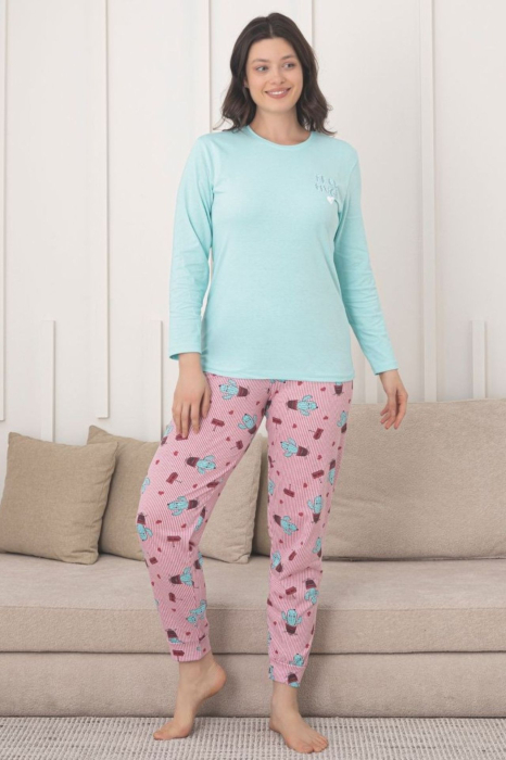 Pijama de bumbac Dama Confortabila, Set cu Bluza si Pantaloni lungi, roz/bleu 1012 [1]