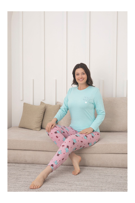 Pijama de bumbac Dama Confortabila, Set cu Bluza si Pantaloni lungi, roz/bleu 1012 [2]