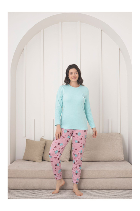 Pijama de bumbac Dama Confortabila, Set cu Bluza si Pantaloni lungi, roz/bleu 1012 [3]