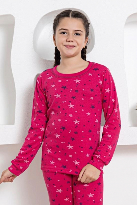 Pijama fete bumbac, maneci si pantaloni lungi, imprimeu stelute, roz fucsia , embody.ro [3]