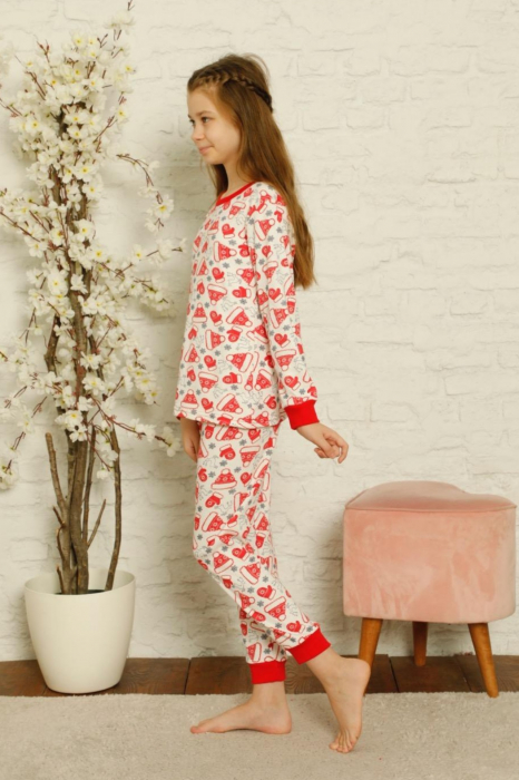 Pijama fete bumbac, motiv Craciun, maneci si pantaloni lungi rosu/alb [3]