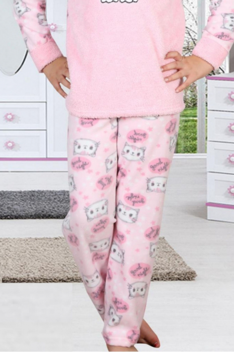 Pijama fete cocolino, pufoasa si calduroasa, imprimeu Pisicuta, roz [2]