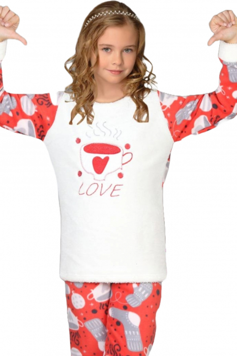 Pijama fete cocolino, pufoasa si calduroasa, imprimeu Love, rosu, embody.ro [3]