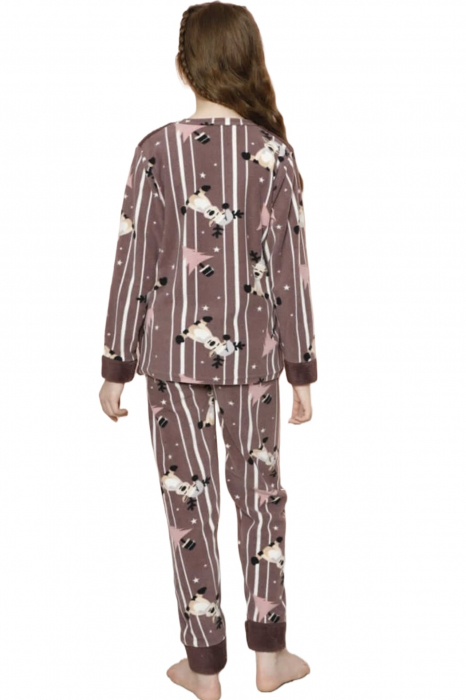 Pijama fete cocolino, pufoasa si calduroasa, imprimeu Ren Craciun, maro [4]